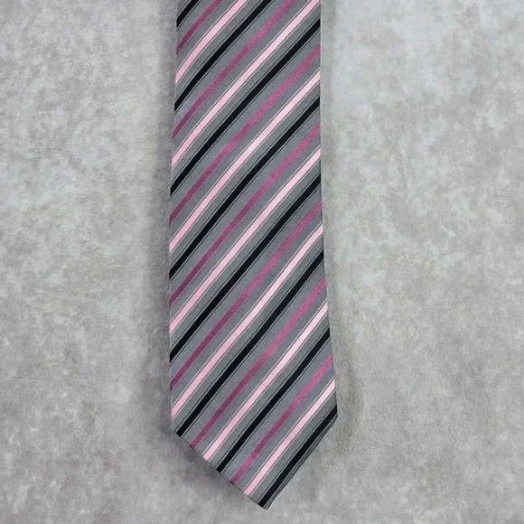 Geoffrey Beene Gray Pink Black Purple Stripe Geometric 100% Silk Neck Tie NWOT - Picture 1 of 6